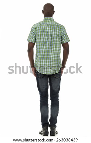 Black man in checkered short sleeve collar shirt on isolated white studio background