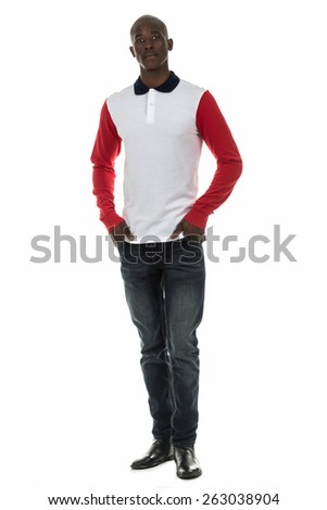 Black man in plain long sleeve collar shirt on isolated white studio background