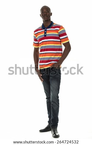 Attractive african american black man in stripped short sleeve collar shirt on isolated white studio background