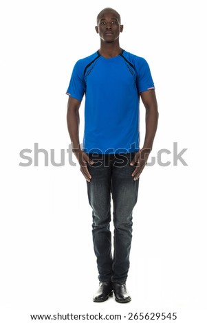 Attractive african american black man in short sleeve t-shirt on isolated white studio background