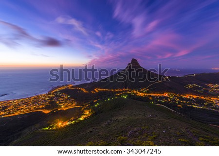 Cape Town\'s Lion\'s Head Mountain Peak landscape seen from Table Mountain tourist hike