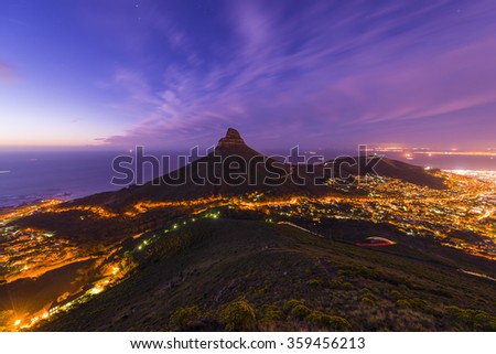 Cape Town\'s Lion\'s Head Mountain Peak landscape seen from Table Mountain tourist hike