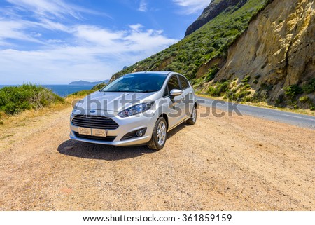 TABLE MOUNTAIN PASS, SOUTH AFRICA - DECEMBER 6 2015: FORD FIESTA 2015 model on mountain pass