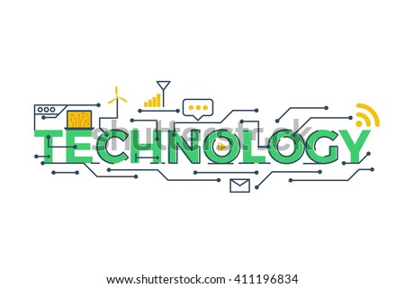 Illustration of TECHNOLOGY word in STEM - science, technology, engineering, mathematics education concept typography design with icon ornament elements