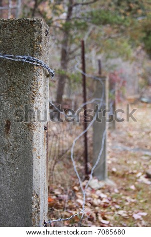 Concrete fence post and barbed wire