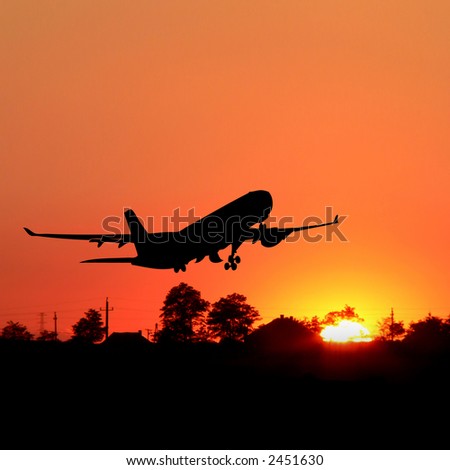 orange sunrise with tree and airplane silhouette