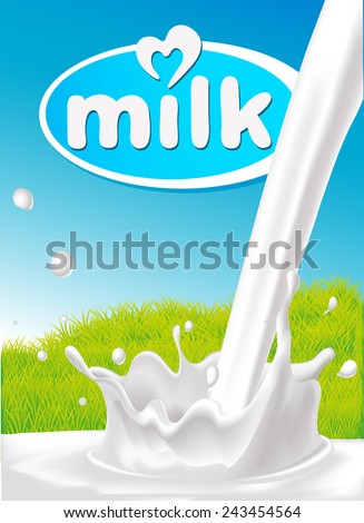 milk design with pouring splash of milk, green grass and blue background