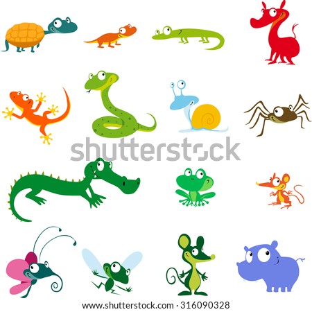 simple vector animals cartoon - amphibians, reptiles and other creatures