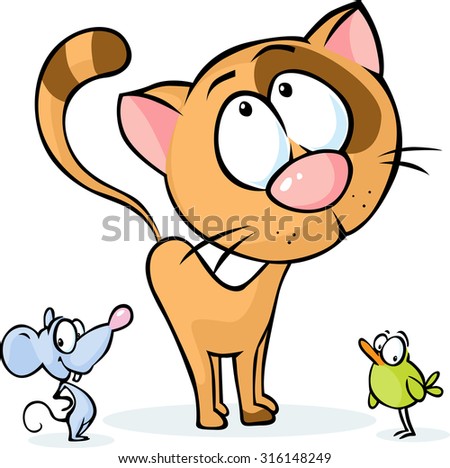 Cute vector animal  - cat, mouse and bird cartoon