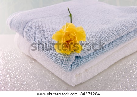 White Baby Bath on Baby Blue And White Bath Towels  Yellow Carnation  Bath Setting Stock