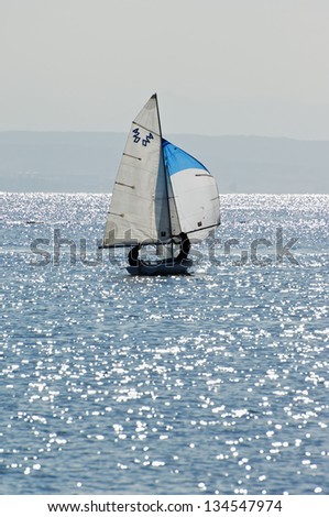 Sailing yacht in Red Sea,  toned photo (420 on a sail - it\'s yacht\'s category)