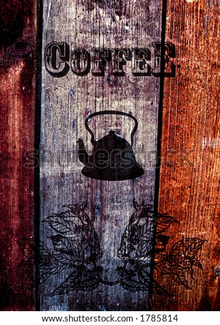 Kettle Sign Burned on the Old Timber with Blue, Red and Brown Color