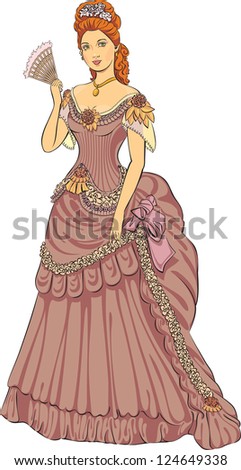 Young beautiful lady in victorian fashioned dress. Raster. Check my portfolio for a vector version.