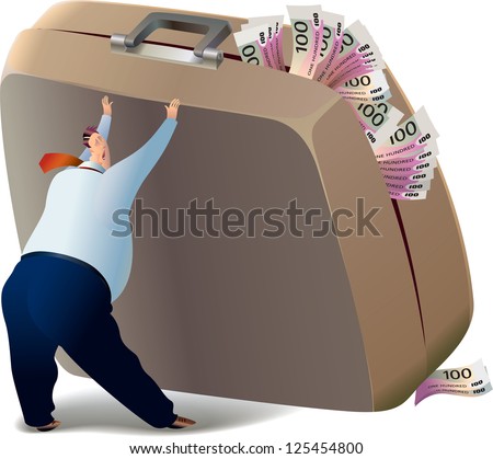 The businessman is trying to lift the suitcase, which is full of money. Raster image. Find a vector version in my portfolio.