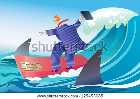 Businessman is surfing on a chip card between big sharks. Raster image. Find a vector version in my portfolio.