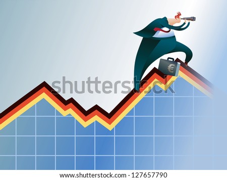 A broker climbing by an economic graph, looking for a better way. Raster image. Find editable version in my portfolio.