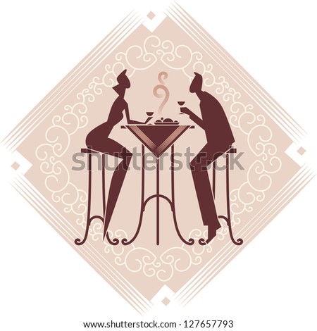 The young couple is having a dinner. Decorative background. Raster image. Find editable version in my portfolio.
