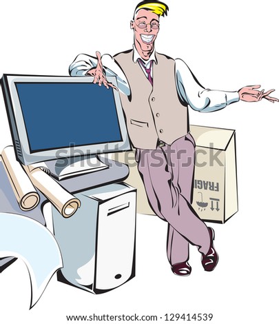 Friendly smiling office-guy is wide open for his customers. Raster image. Find an editable version in my portfolio.