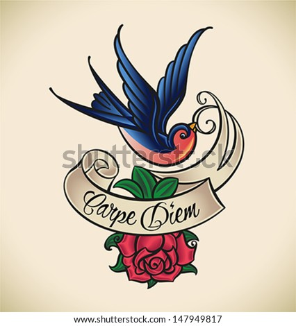 Old-school styled tattoo with a swallow banner and rose Editable vector illustration Old-school styled tattoo with a swallow banner and rose Editable vector illustration