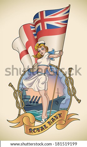 Old-school navy tattoo of a pin-up lady with the Royal Navy flag in her hand Editable vector illustration Old-school navy tattoo of a pin-up lady with the Royal Navy flag in her hand Editable vector illustration