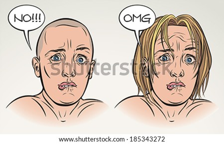 Young woman is scared with something. Face expression study. Vector illustration in comics style.