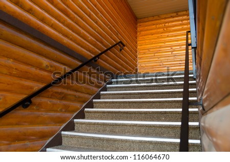 Wooden stairs with steel railing in the United States of America