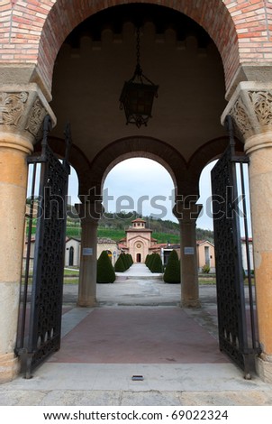Entrance to the cemetery with the tomb of Mussolini in Predappio