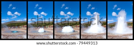 sequence of the eruption of a geyser Geysir in Iceland