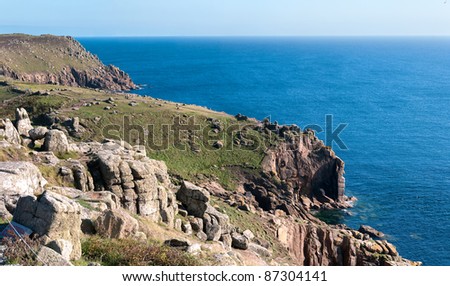 environment, blue, sky, colors, Cornwall, coast, grass, Great Britain, Lands End, light, sea, nature, landscape, panorama, panoramic, rocks, tourism, vegetation, overview