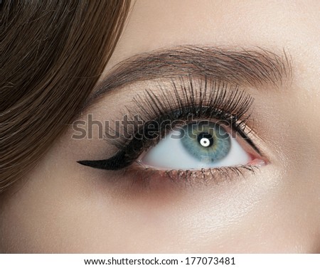 Closeup Of Woman Eye With Beautiful Makeup With Black Eyeliner And Long Eyelashes