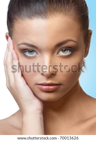 Beauty woman with suntan. Model\'s face divided in two parts - tanned and not sunburned