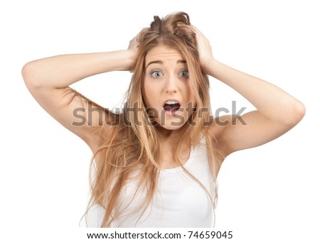 Portrait Of Surprised Excited Woman Screaming Amazed In Shock 