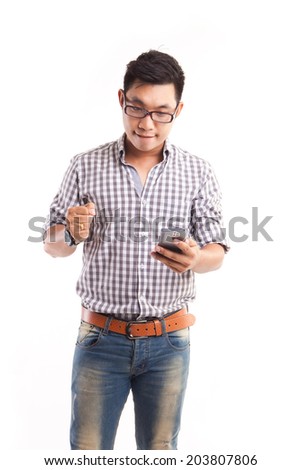 Asian man holding smart phone and good feeling isolated on white