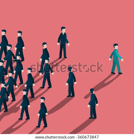 Out standing or unique style businessman walking to different way like turning his back to mass of people