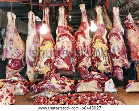 stock photo Huge red meat inside Asian wet market