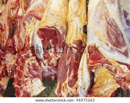 stock photo Huge red meat inside Asian wet market