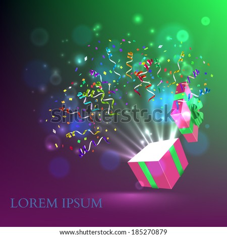 Open gift with fireworks from confetti Vector background Open gift with fireworks from confetti Vector background