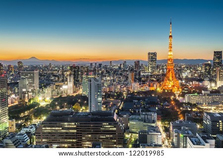 Tokyo City At Twilight With Mt Fuji On The Background