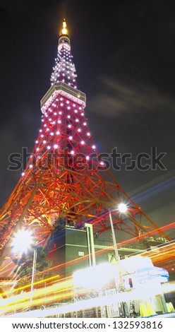 TOKYO - MAR 15: Pink light display at Tokyo Tower on Mar 15, 2013 in Tokyo, Japan. Tokyo Tower is a communications and observation tower located in Shiba Park, Minato, Tokyo, Japan