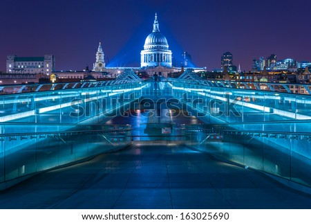 Millennium Bridge Leading To Saint Paul\'S Cathedral In Central London, Uk. Aged Photo.