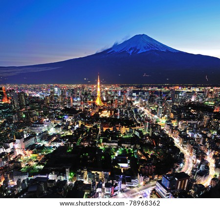 Mt Fuji and Tokyo City in twilight