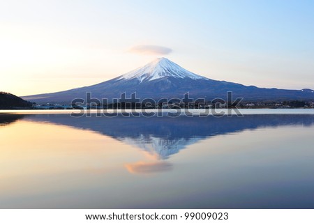 Mt Fuji in the early morning with reflection on the lake kawaguchiko