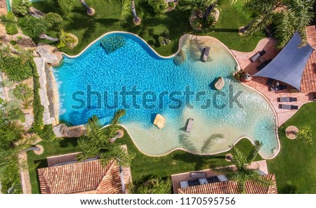 Original decorative pool in the garden with palm trees, aerial view.