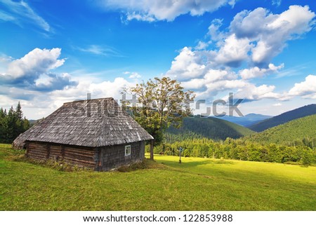 Abandoned wooden house in the mountains and forest. In the Carpathians.