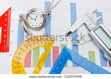 Concept chart songs pocket watches, rulers and vernier calipers.
