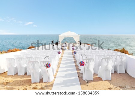 Beautiful decorations for the wedding ceremony when. On the shore of the sea.