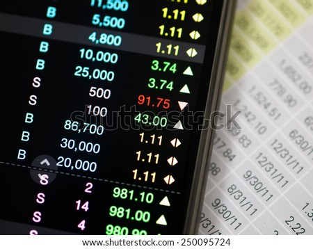 view of stock market application on touchscreen smartphone
