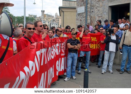 GENOA, ITALY- SEPTEMBER 24 : workers in strike and manifestation against contract of job, September 24, 2010 in Genoa, Italy