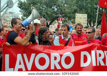 GENOA, ITALY- SEPTEMBER 24 : workers in strike and manifestation against contract of job, September 24, 2010 in Genoa, Italy