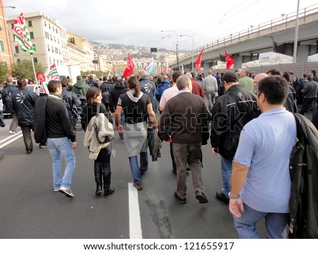 GENOA, ITALY - NOVEMBER 27: strike of the workers of the group finmeccanica against the sale of some firms of the group, Nov 27, 2012 in Genoa, Italy